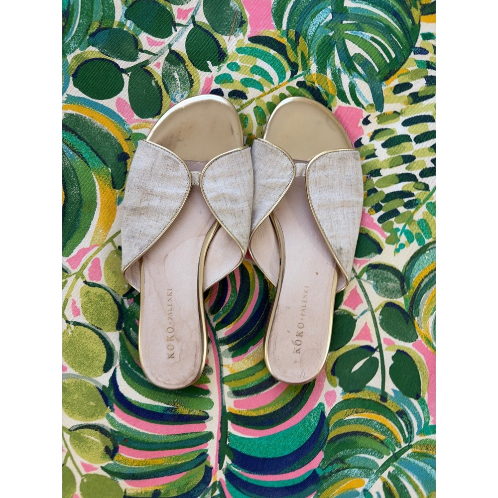 Koko Palenki Womens Gold Metallic Linen Petal Slide Sandals Flats Neutral 9.75in